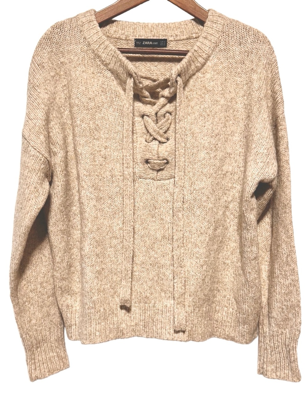 Zara Knit Wool Blend Lace-Up Oversized Sweater Beige Oatmeal Chunky Knit Size S